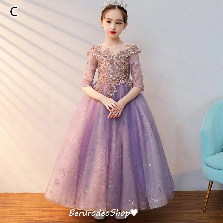 【TIME HOLDER】子供ドレス パープル ロングドレス ピアノ発表会 ドレス 女の子 フォーマル 女児ドレス スパンコール キレイめ 演奏会ドレス ロング キッズドレス シャンパン色 子どもドレ