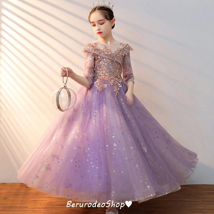 【TIME HOLDER】子供ドレス パープル ロングドレス ピアノ発表会 ドレス 女の子 フォーマル 女児ドレス スパンコール キレイめ 演奏会ドレス ロング キッズドレス シャンパン色 子どもドレ