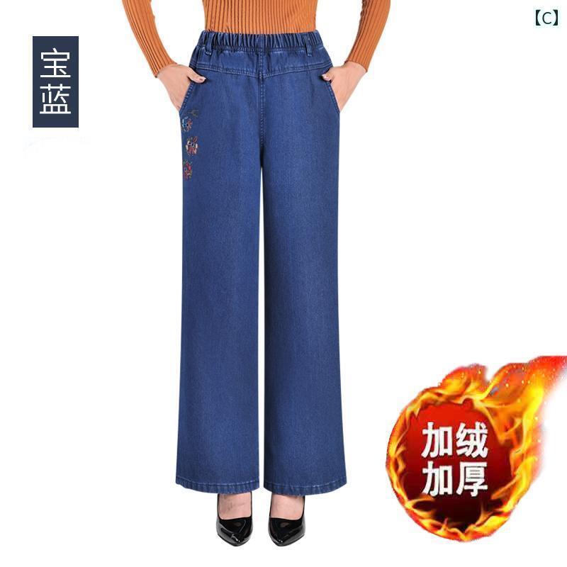 ジーンズ デニム パンツ ズボン ウエストゴム レディース シニア 股上深め 大きめサイズ 楽ちん 太もも ふくらぎ シニア 秋冬 裏起毛 花 刺繍 ワイド ストレート ボトムス 体型カバー カジュア