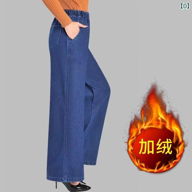 ジーンズ デニム パンツ ズボン ウエストゴム レディース シニア 股上深め 大きめサイズ 楽ちん 太もも ふくらぎ シニア 秋冬 裏起毛 花 刺繍 ワイド ストレート ボトムス 体型カバー カジュア