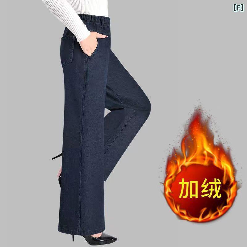 ジーンズ デニム パンツ ズボン ウエストゴム レディース シニア 股上深め 大きめサイズ 楽ちん 太もも ふくらぎ シニア 秋冬 裏起毛 花 刺繍 ワイド ストレート ボトムス 体型カバー カジュア