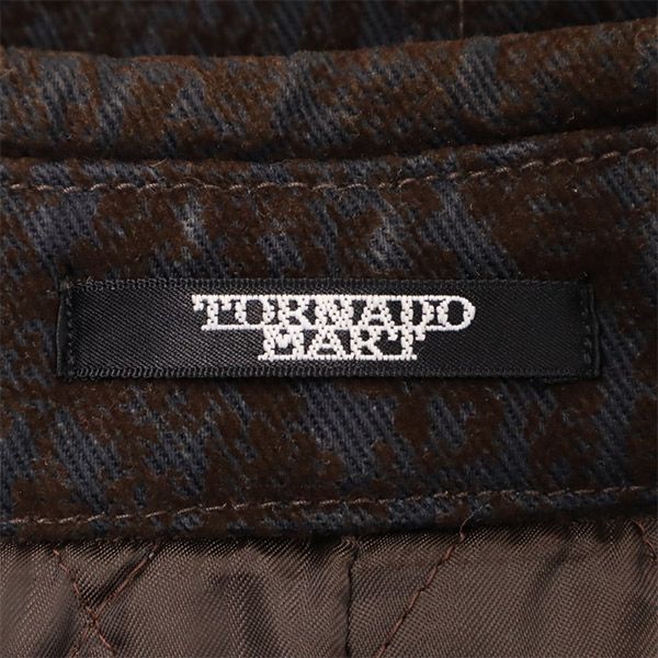 フロッキープリント ステンカラーコート L ブルー×ブラウン 裏キルティング 中綿 メンズ