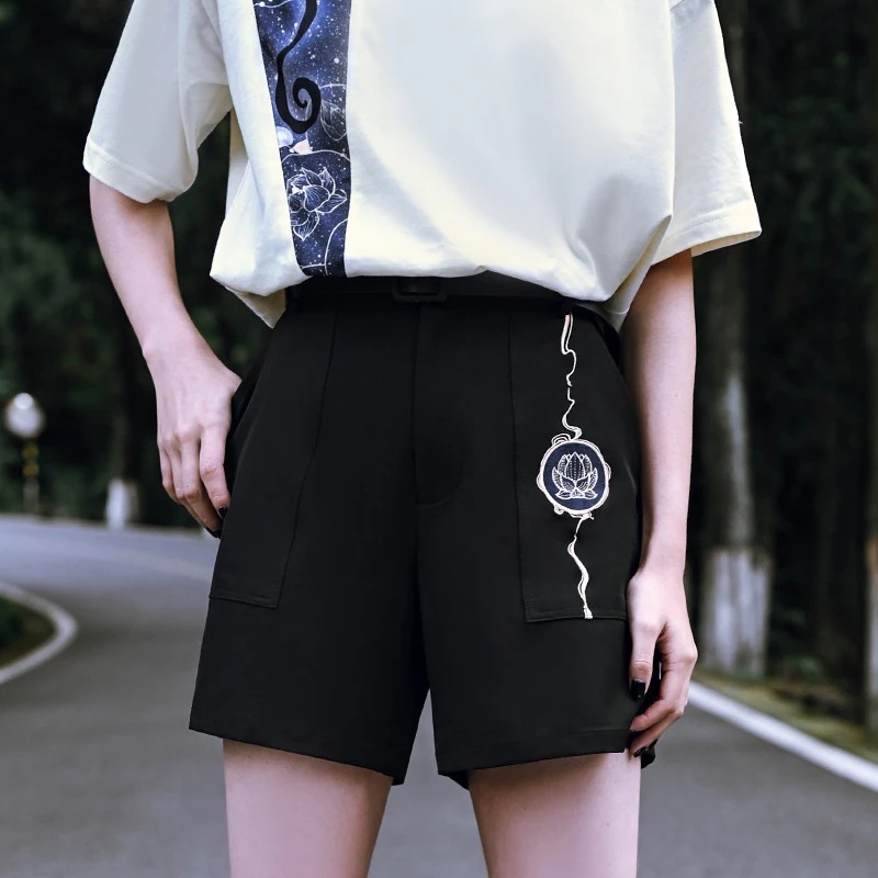 ショートパンツ 黒 レディース 刺繍 ボトムス 蓮 短パン 夏 ショートパンツ 黒 レディース 刺繍 ボトムス 蓮 短パン 夏