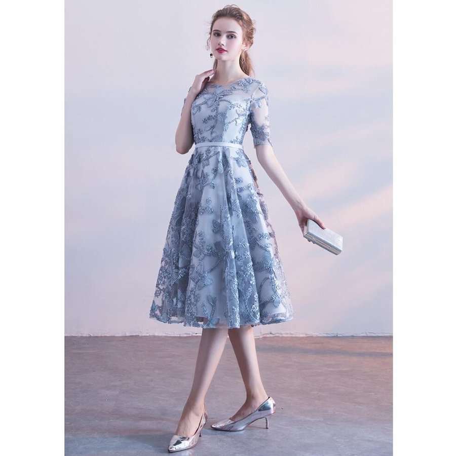 Aライン 袖あり パーティードレス ミモレドレス 結婚式 ドレス ワンピース 二次会 ウエディングド Aライン 袖あり パーティードレス ミモレドレス 結婚式 ドレス ワンピース 二次会 ウエディングド