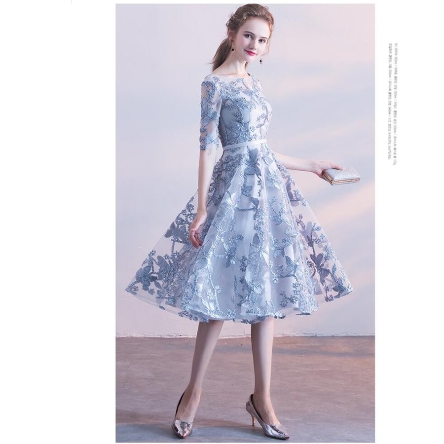 Aライン 袖あり パーティードレス ミモレドレス 結婚式 ドレス ワンピース 二次会 ウエディングド Aライン 袖あり パーティードレス ミモレドレス 結婚式 ドレス ワンピース 二次会 ウエディングド