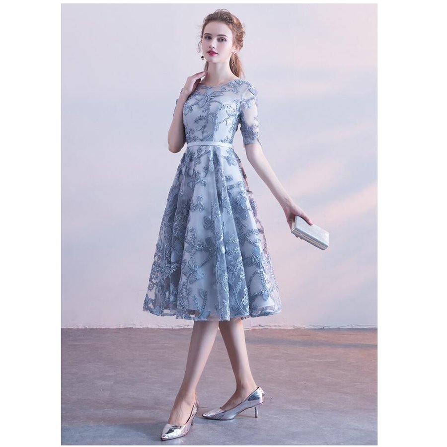 Aライン 袖あり パーティードレス ミモレドレス 結婚式 ドレス ワンピース 二次会 ウエディングド Aライン 袖あり パーティードレス ミモレドレス 結婚式 ドレス ワンピース 二次会 ウエディングド