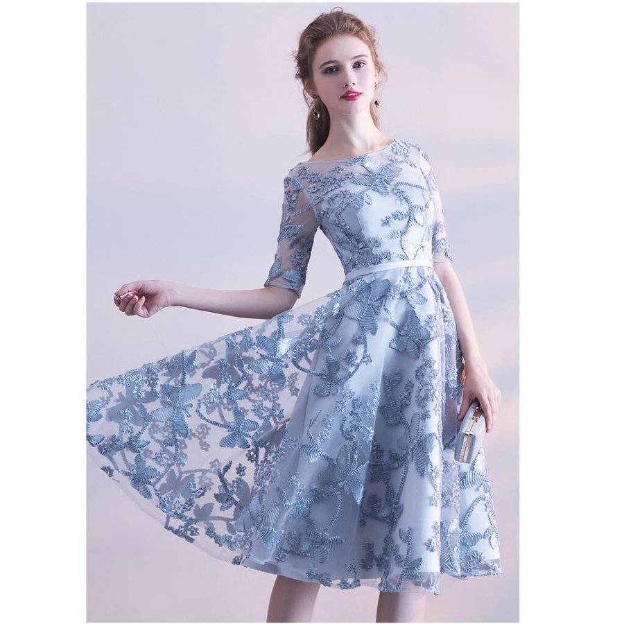 Aライン 袖あり パーティードレス ミモレドレス 結婚式 ドレス ワンピース 二次会 ウエディングド Aライン 袖あり パーティードレス ミモレドレス 結婚式 ドレス ワンピース 二次会 ウエディングド