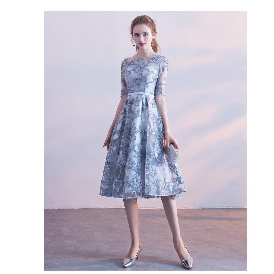 Aライン 袖あり パーティードレス ミモレドレス 結婚式 ドレス ワンピース 二次会 ウエディングド Aライン 袖あり パーティードレス ミモレドレス 結婚式 ドレス ワンピース 二次会 ウエディングド