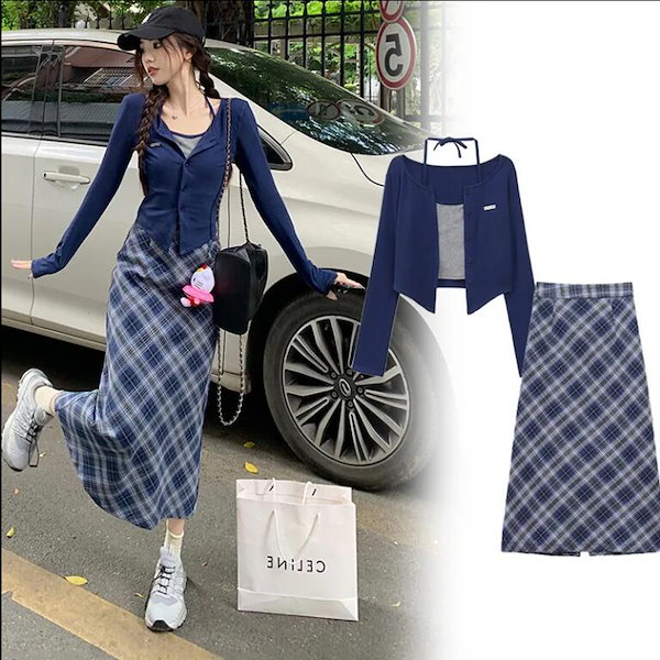 Qoo10] J&X ギャル風セットアップ初秋首かけトップスチ