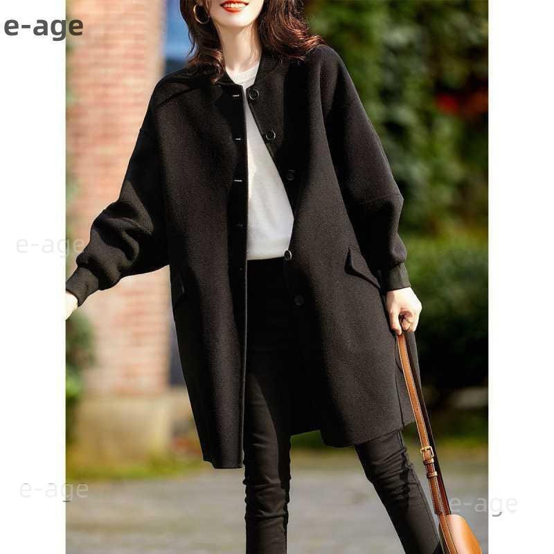 人気沸騰柄追加ノーカラーコートレディースアウターチェスターコートゆったりブラックロングコート秋冬作おしゃれ暖かい保温膝下襟なしシンプル