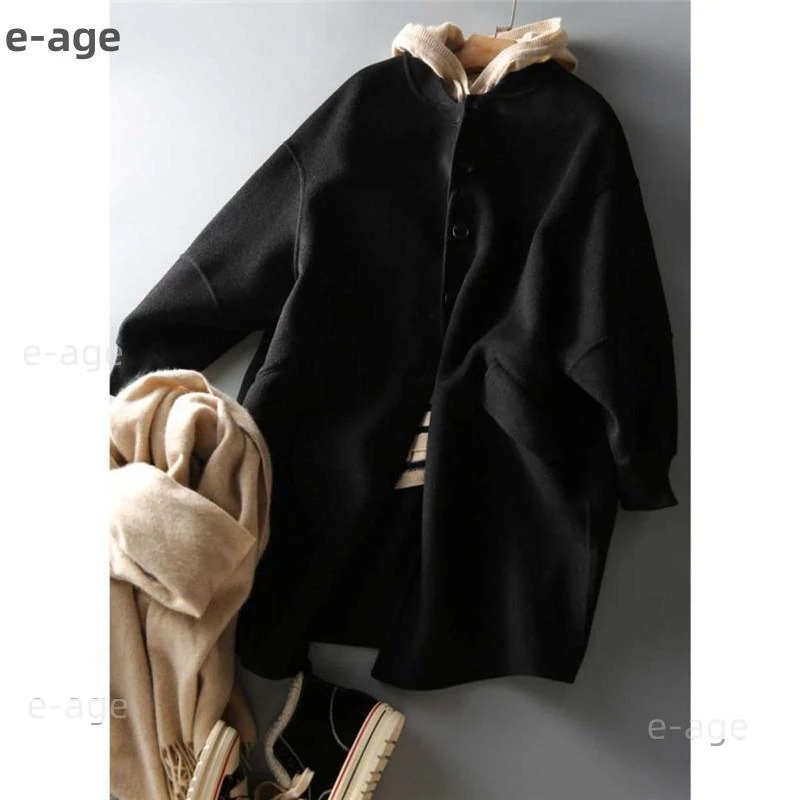 人気沸騰柄追加ノーカラーコートレディースアウターチェスターコートゆったりブラックロングコート秋冬作おしゃれ暖かい保温膝下襟なしシンプル