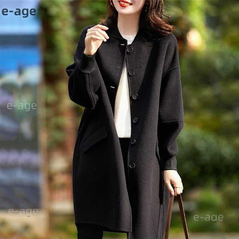 人気沸騰柄追加ノーカラーコートレディースアウターチェスターコートゆったりブラックロングコート秋冬作おしゃれ暖かい保温膝下襟なしシンプル