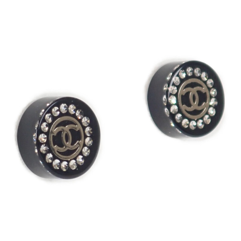 CC ラウンド 17A ピアス ラインストーン ブラック シルバー金具 レディース【ABランク】