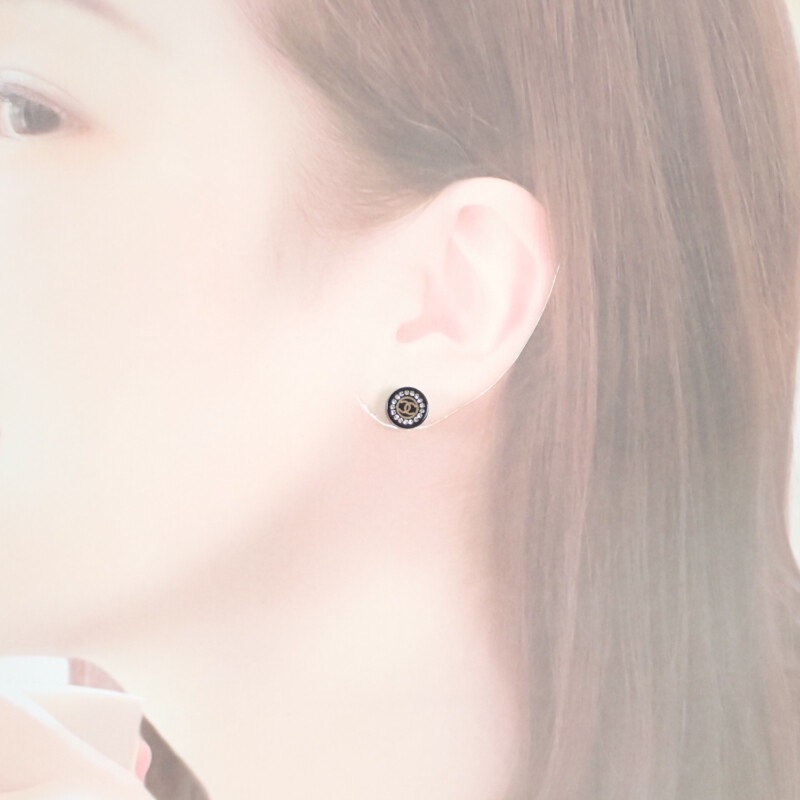 CC ラウンド 17A ピアス ラインストーン ブラック シルバー金具 レディース【ABランク】