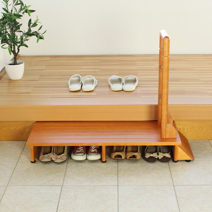 玄関台 踏み台 手すり付き 木製 ステップ 頑丈 安心安全 踏台 階段 ブラウン 介護 バリアフリー 滑り止め