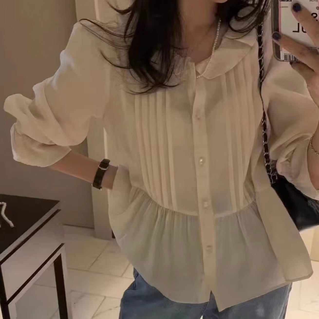 クロップド トップス シャツ ブラウス 袖あり 長袖 萌袖 襟付き フリル 前開き かわいい 大人可愛い きれいめ シンプル カジュアル 大人 上品 おしゃれ レトロ 大人女子 こなれ感 ラフ
