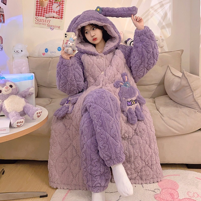 新しい冬の寝衣の女性は綿を挟んだ秋冬のサンゴのパジャマ恐竜のかわいい家庭服を厚くした 新しい冬の寝衣の女性は綿を挟んだ秋冬のサンゴのパジャマ恐竜のかわいい家庭服を厚くした