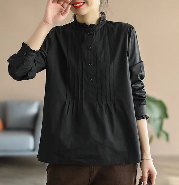 Qoo10] ブラウスレディースフリルタック長袖ブラウ