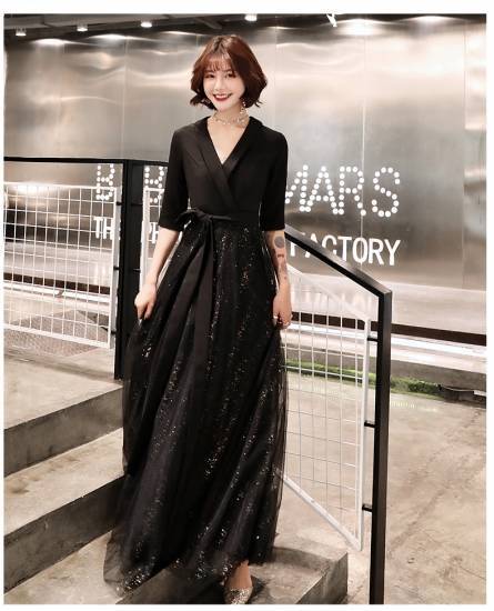 パーティードレス かっこいい 個性的 ロング 黒 半袖 袖あり 春 夏 無地 スパンコール 大きいサイズ 結婚式 演奏会 ロングドレス フォーマル マキシ丈 Aライン フレア カシュクール キラキラ