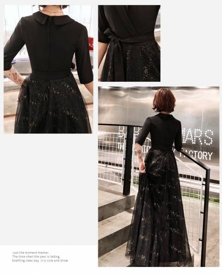 パーティードレス かっこいい 個性的 ロング 黒 半袖 袖あり 春 夏 無地 スパンコール 大きいサイズ 結婚式 演奏会 ロングドレス フォーマル マキシ丈 Aライン フレア カシュクール キラキラ