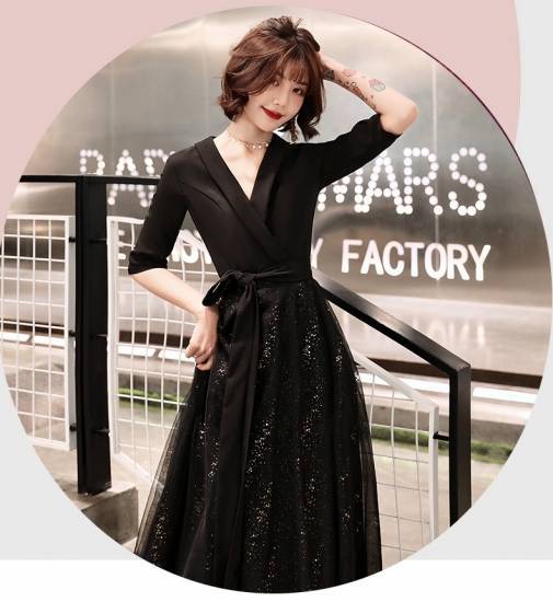 パーティードレス かっこいい 個性的 ロング 黒 半袖 袖あり 春 夏 無地 スパンコール 大きいサイズ 結婚式 演奏会 ロングドレス フォーマル マキシ丈 Aライン フレア カシュクール キラキラ
