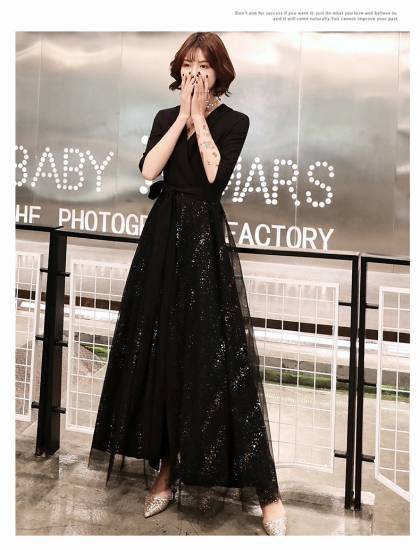 パーティードレス かっこいい 個性的 ロング 黒 半袖 袖あり 春 夏 無地 スパンコール 大きいサイズ 結婚式 演奏会 ロングドレス フォーマル マキシ丈 Aライン フレア カシュクール キラキラ
