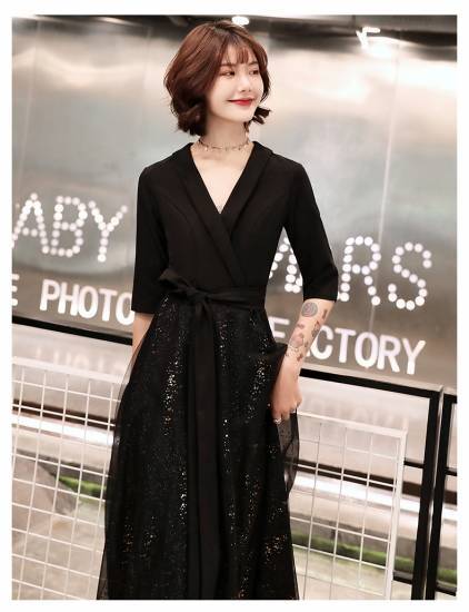 パーティードレス かっこいい 個性的 ロング 黒 半袖 袖あり 春 夏 無地 スパンコール 大きいサイズ 結婚式 演奏会 ロングドレス フォーマル マキシ丈 Aライン フレア カシュクール キラキラ