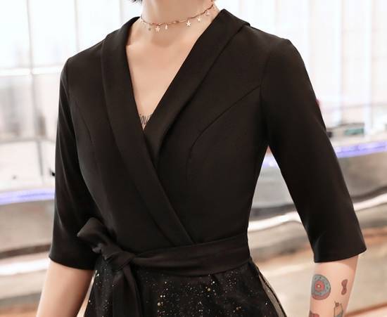 パーティードレス かっこいい 個性的 ロング 黒 半袖 袖あり 春 夏 無地 スパンコール 大きいサイズ 結婚式 演奏会 ロングドレス フォーマル マキシ丈 Aライン フレア カシュクール キラキラ