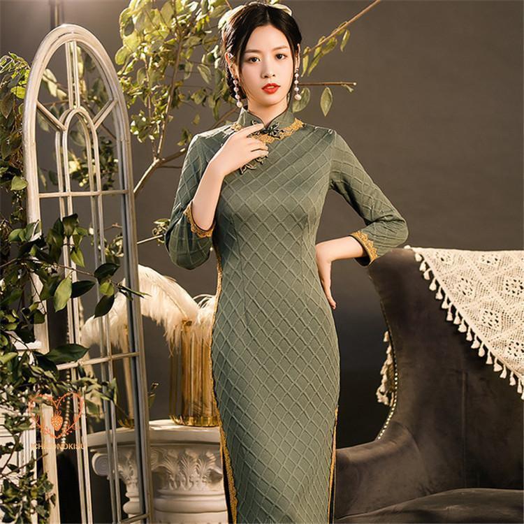 ニット ワンピース ロングワンピ チャイナドレス レディース ロング 長袖 スタンドカラー スリット ニットソー 膝下丈 レトロ エスニック風 柄 Aライン 冬 30代 ニット ワンピース ロングワンピ チャイナドレス レディース ロング