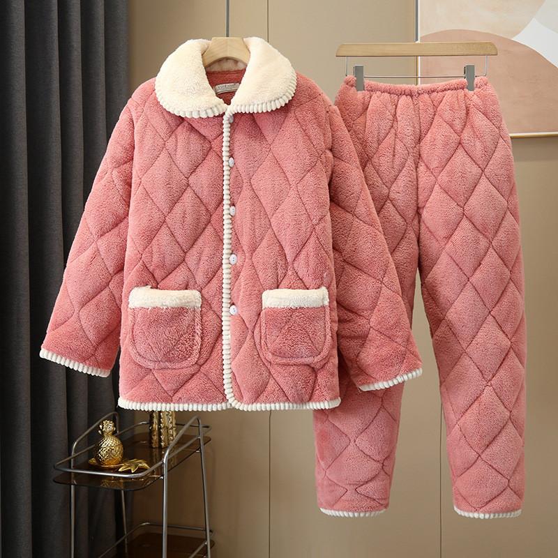 パジャマ レディース ルームウェア 厚手 上下セット もこもこ ボア 長袖 前開き 折り襟 長ズボン ナイトウェア 防寒 暖か 冬 無地 寝間着 定番