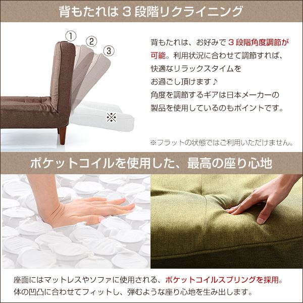 ハイバックソファー/ローソファー (1人掛け ブラウン) 幅約65cm 脚付 3段リクライニング 日本製