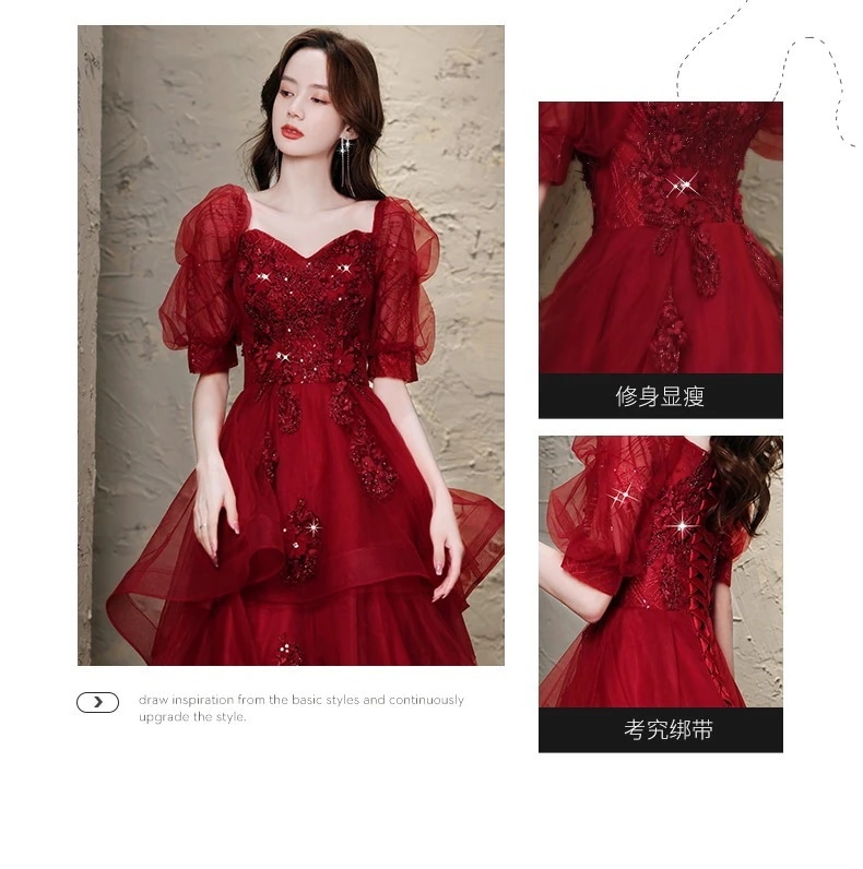 マキシスカート 綺麗 レッドドレス 前短後長 / 長版2タイプ パーティードレス 結婚式 お呼ばれ 披露宴 二次会 ウェディング 発表会