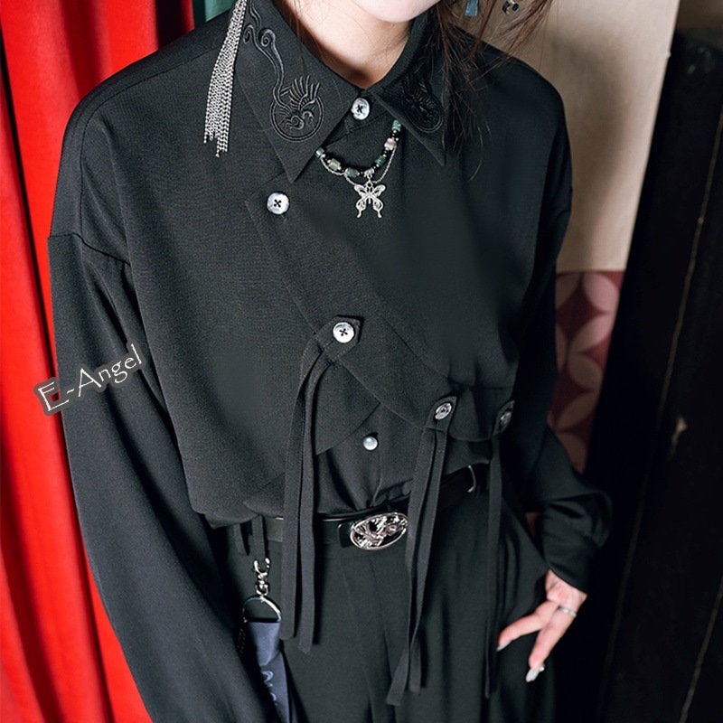 【快速出荷】チャイナ風 トップス アシンメトリーシャツ ブラウス レディース レイヤード 長袖 刺繍 タッセル オリジナル 黒 モダン 個性的 mdprevattcaulkingandwaterproofing.com