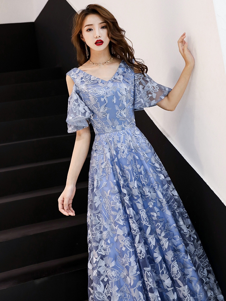 パーティードレス ロングドレス イブニングドレス Vネック 成人式 忘年会 結婚式 フォーマル Aライン 肩出し 五分袖 花柄 レース 大きいサイズ ハイウエスト-429