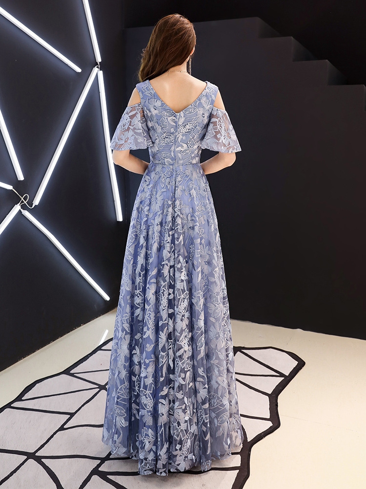 パーティードレス ロングドレス イブニングドレス Vネック 成人式 忘年会 結婚式 フォーマル Aライン 肩出し 五分袖 花柄 レース 大きいサイズ ハイウエスト-429