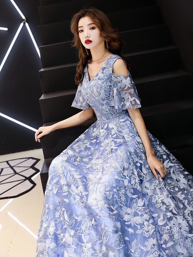 パーティードレス ロングドレス イブニングドレス Vネック 成人式 忘年会 結婚式 フォーマル Aライン 肩出し 五分袖 花柄 レース 大きいサイズ ハイウエスト-429