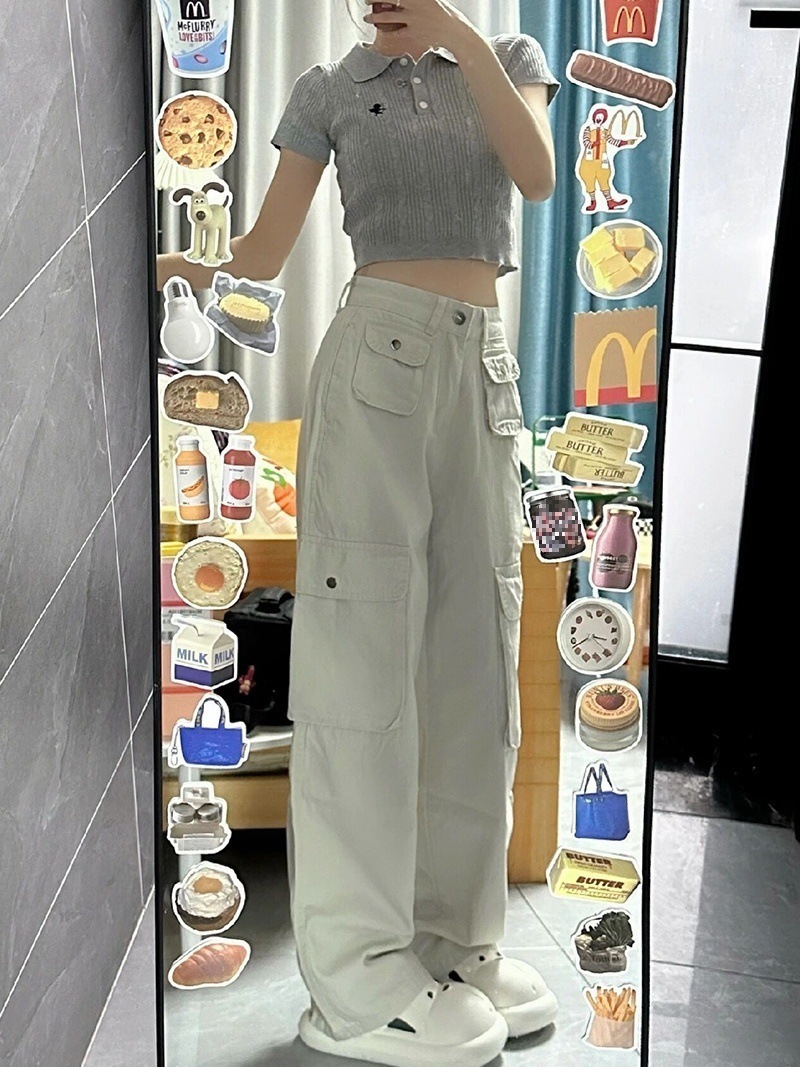 女性用ワイドレッグホワイトオーバーオール2024春新作カジュアルパンツストレートレッグパンツマルチポケットデザインジーンズ
