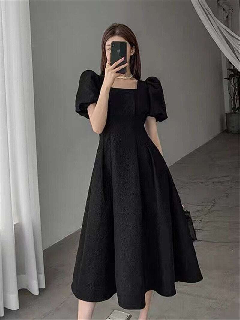 【送料無料】レディース スクエアネック パフスリーブ ロングワンピース Aライン ブラック 【送料無料】レディース スクエアネック パフスリーブ ロングワンピース Aライン ブラック