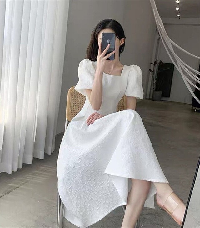 【送料無料】レディース スクエアネック パフスリーブ ロングワンピース Aライン ブラック 【送料無料】レディース スクエアネック パフスリーブ ロングワンピース Aライン ブラック