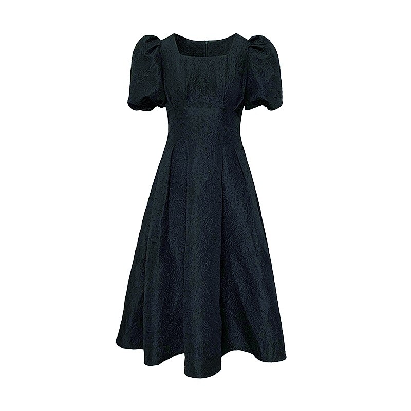 【送料無料】レディース スクエアネック パフスリーブ ロングワンピース Aライン ブラック 【送料無料】レディース スクエアネック パフスリーブ ロングワンピース Aライン ブラック