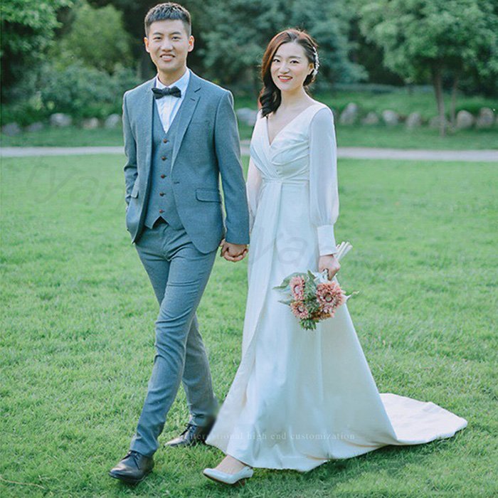 ウエディングドレス 新作海外挙式 二次会 袖あり 長袖 白 花嫁 エンパイア シンプル 格安 披露宴 前撮り aライン 旅行撮影 新婦 ビーチ ロングドレス