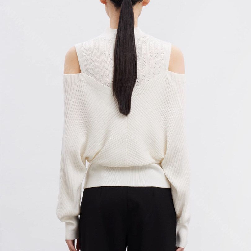 クーポン 洗える リブニット パフスリーブ セーター プルオーバー 秋 レディース ファッション セーター 長袖 ゆるニット 肩出し ニットセーター 体型カバー ボリュームスリーブ プルオーバー ショ