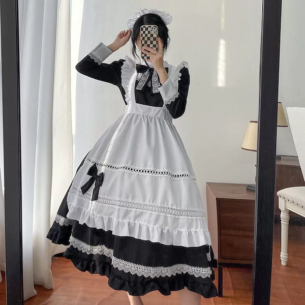 プロフ見てください メイド服 黒と白 チェック柄 JUNDOMECY] 可愛い チェック柄 メイド服 高品？セット 大きい s