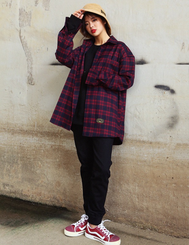 送料無料 ユニーセックスTWOTONE MULTI カジュアルシャツ[RED]