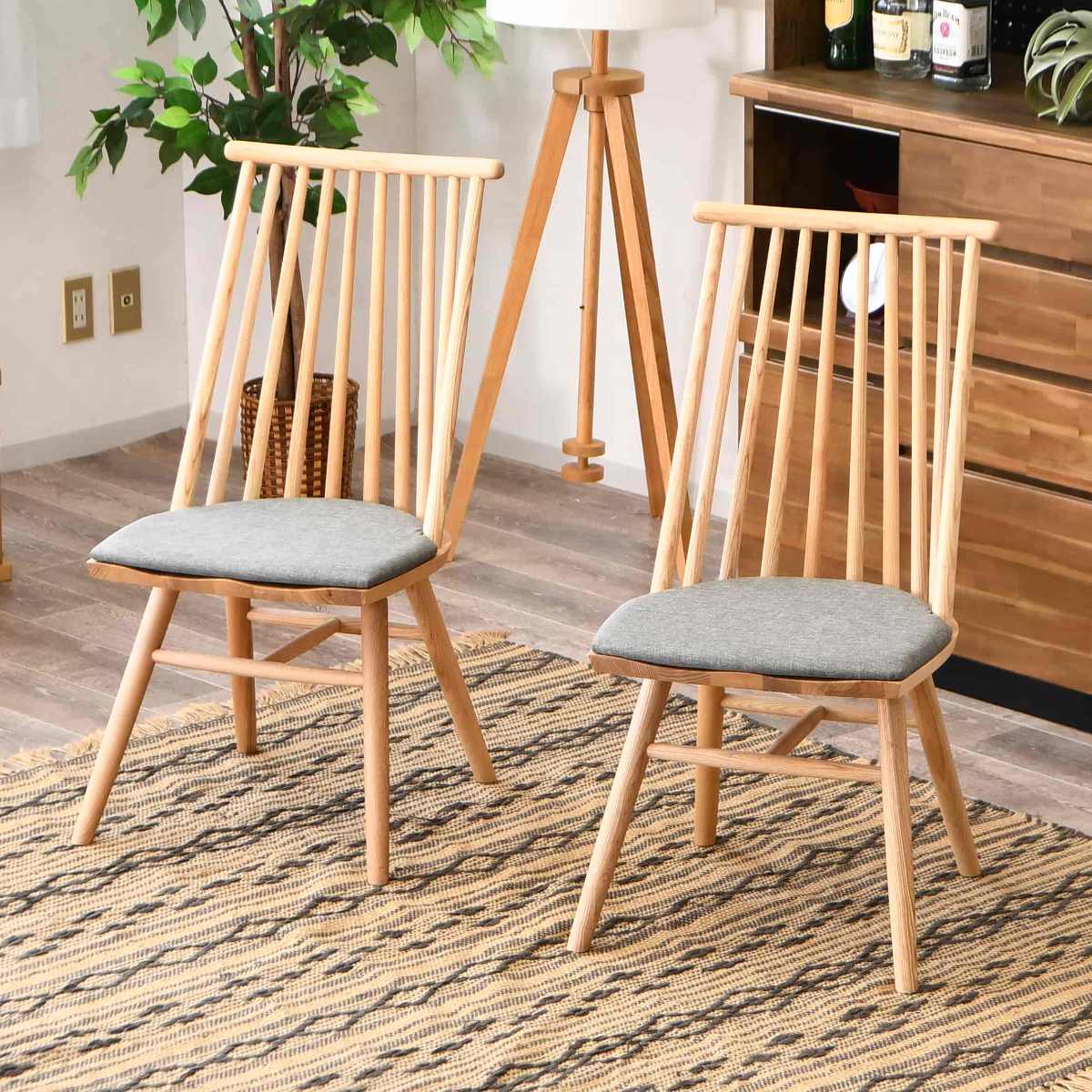 ダイニングチェア 同色2脚セット 座面高43cm バローネ ウィンザーチェア 椅子 チェア 食卓 無垢材 天然木 北欧風 英国風 木目 クッション 完成品