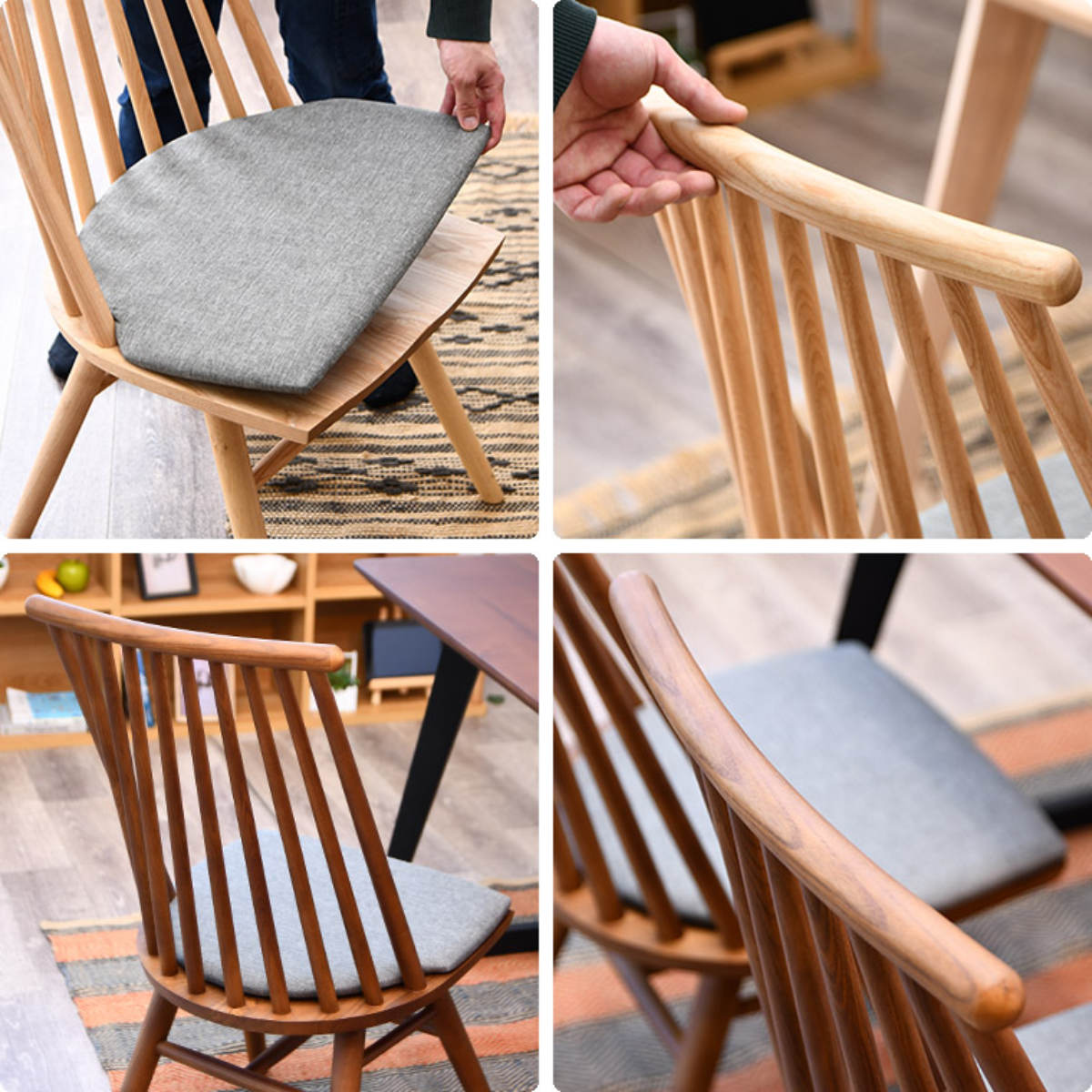 ダイニングチェア 同色2脚セット 座面高43cm バローネ ウィンザーチェア 椅子 チェア 食卓 無垢材 天然木 北欧風 英国風 木目 クッション 完成品