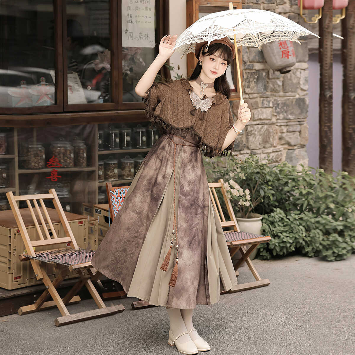 【フルセット】枯蝶影新韓国cos要素ワンピースカーディガンストールセット女性秋