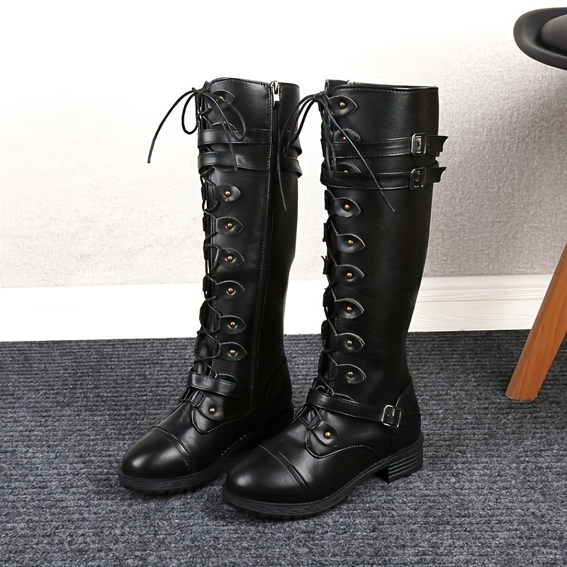 女性のラウンドトゥバックル装飾ニーハイブーツサイドジッパーチャンキーローヒールファッションナイトブーツオートバイ乗馬用 女性のラウンドトゥバックル装飾ニーハイブーツサイドジッパーチャンキーローヒールファッションナイトブーツオートバイ乗馬用