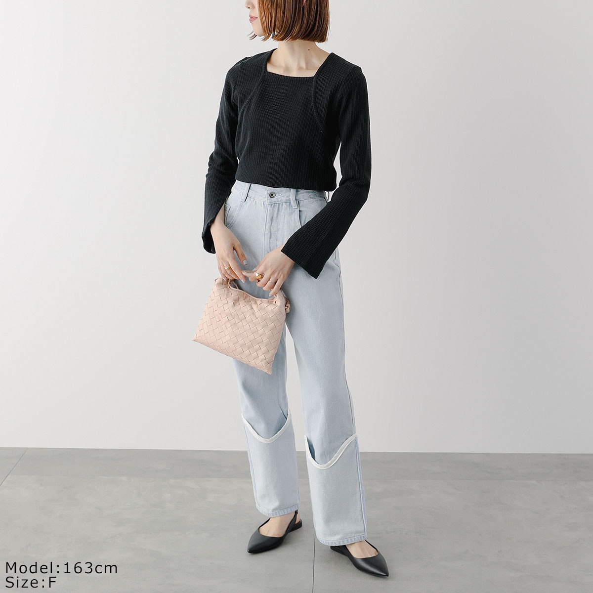 UN-SOPHIE アンソフィー カットソー Frill stripe square neck tops UNG2408202 レディース スクエアネック リブ 長袖 BLACK