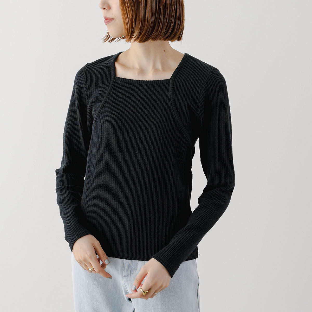 UN-SOPHIE アンソフィー カットソー Frill stripe square neck tops UNG2408202 レディース スクエアネック リブ 長袖 BLACK